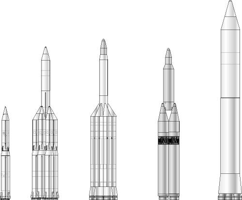 Las distintas variantes contempladas del cohete R-56 (Foto: Mark Wade)